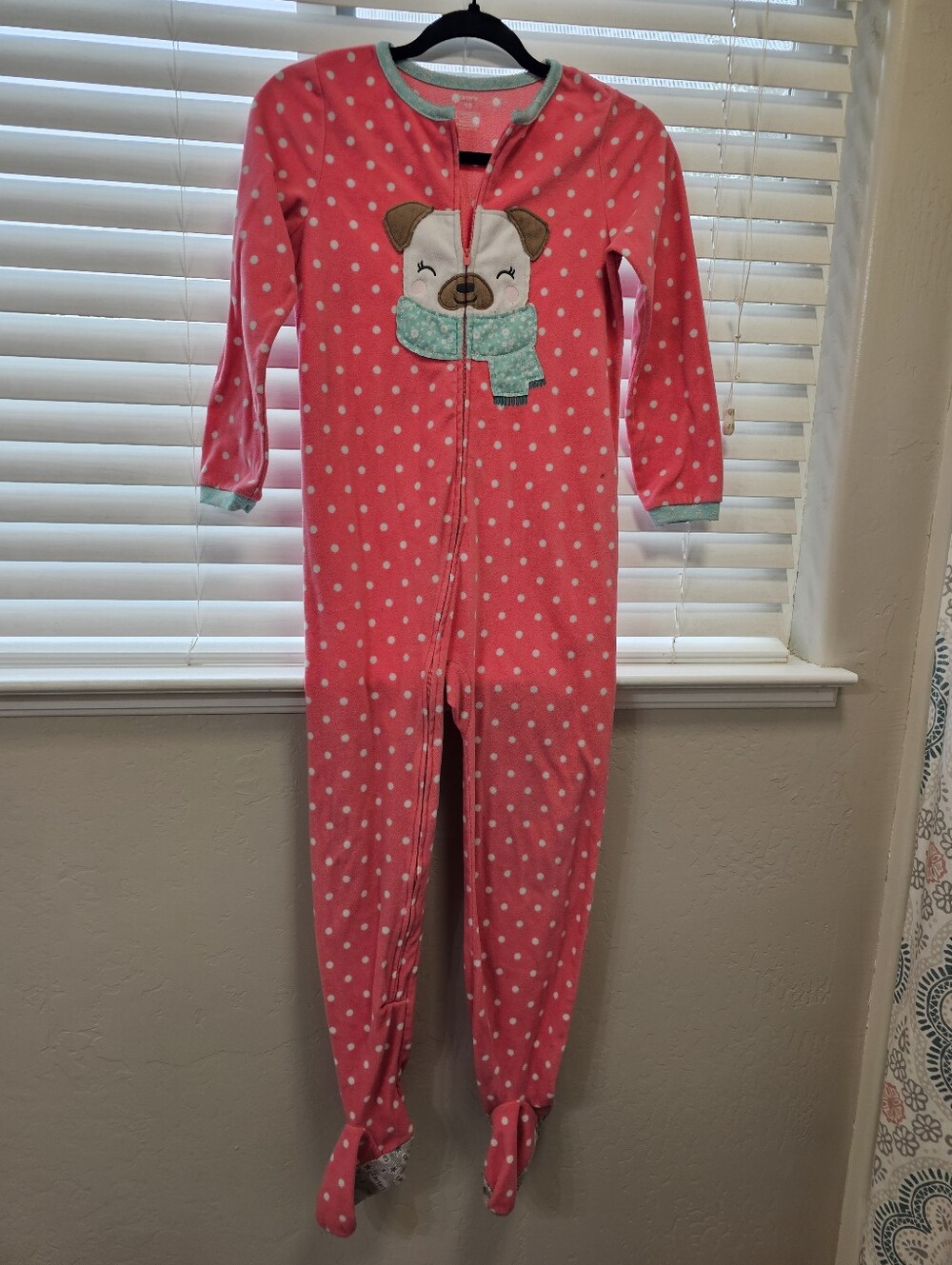 Carter's Pink Polka Dot Footed One-Piece with Puppy Applique